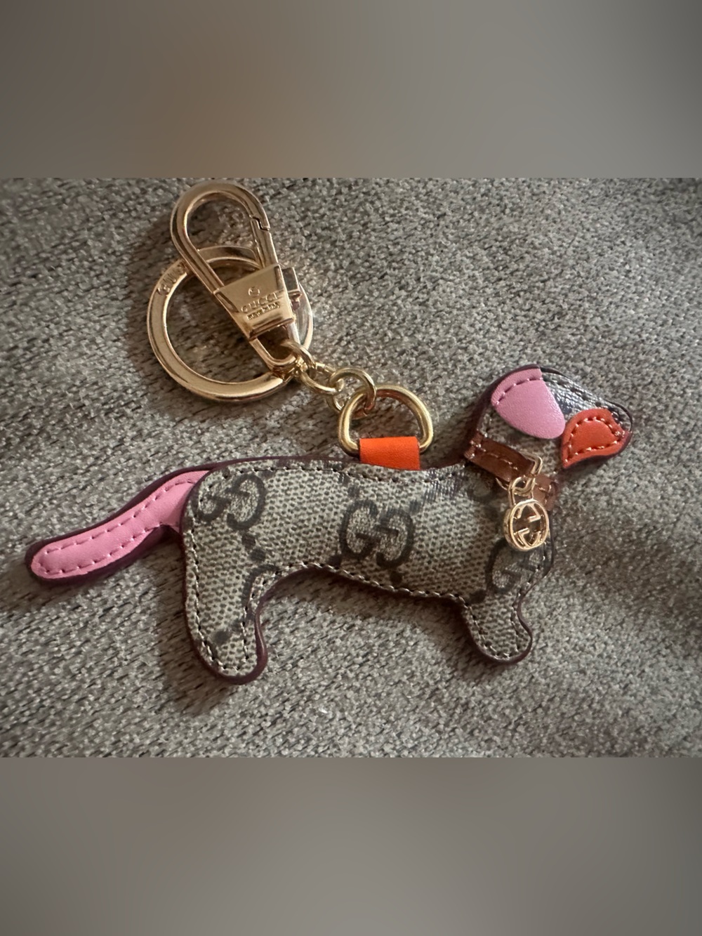 Designer GG Canvas Dachshund Keychain with Pink and Orange Accents